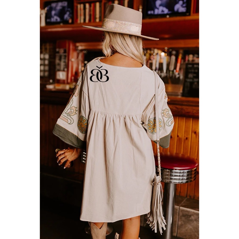 Beige & Green Boho Embroidered V Neck 3/4 Sleeve Babydoll Mini Dress - Picture 5 of 16